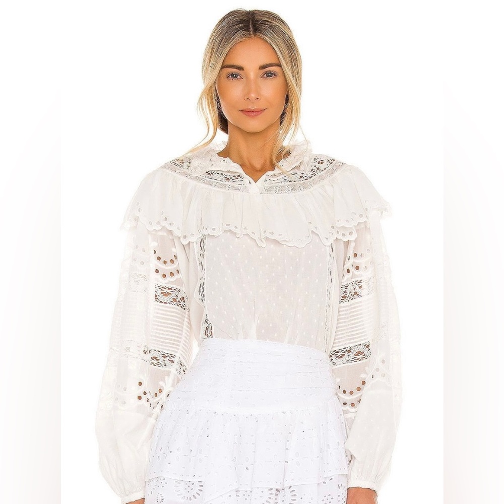 LoveShackFancy White Eyelet Lace Ruffle Blouse